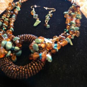 NWOT Turquoise + Amber Chip Bead Necklace & Earrings